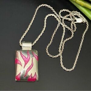 Vintage Mexico 925 Sterling Silver Abstract Pink Inlay Pendant Necklace 12.9g.